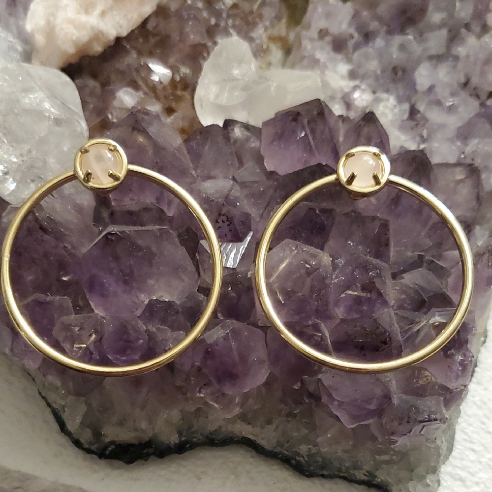 Gold Hoop Pierced Earrings With Genuine ROSE QUARTZ Crystal Set in Prong Setting